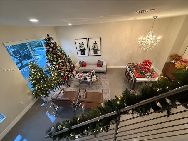 living room featuring a chandelier