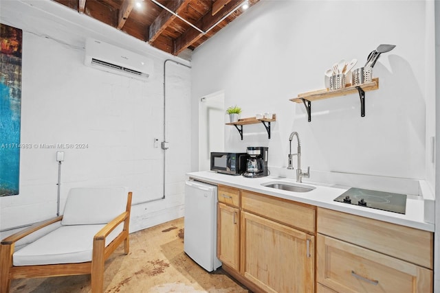 kitchen with light brown cabinetry, a wall mounted AC, black appliances, and sink