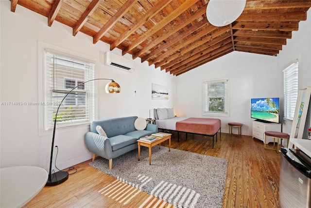 bedroom with beam ceiling, high vaulted ceiling, a wall mounted AC, wood-type flooring, and wood ceiling