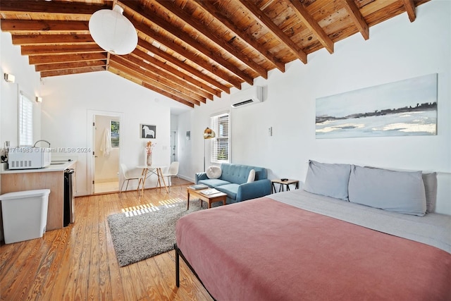 bedroom with a wall mounted air conditioner, wooden ceiling, high vaulted ceiling, light hardwood / wood-style flooring, and beam ceiling