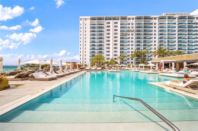 view of swimming pool featuring a patio area