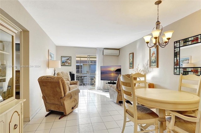 dining room featuring a wall unit AC, an inviting chandelier, and light tile patterned flooring