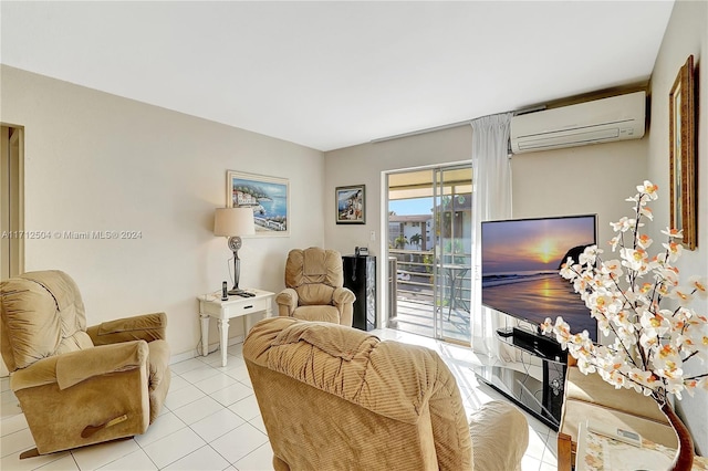 living room with a wall unit AC and light tile patterned floors