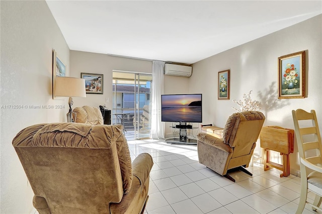 living room featuring a wall mounted AC and light tile patterned floors