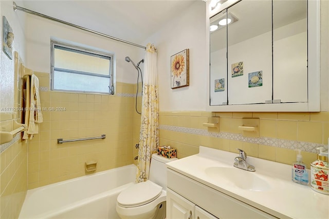 full bathroom featuring shower / tub combo, backsplash, toilet, vanity, and tile walls