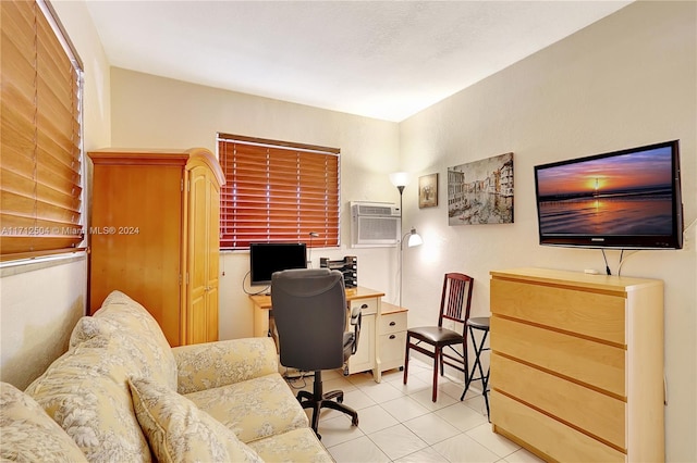 tiled office space with a wall mounted air conditioner