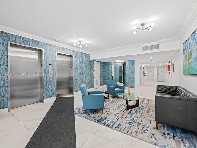 tiled living area with visible vents, elevator, crown molding, and wallpapered walls