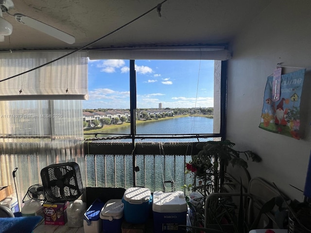 interior space featuring a water view