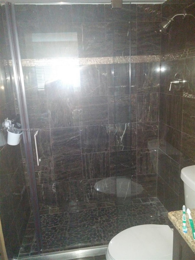 bathroom featuring vanity, a shower with shower door, and toilet