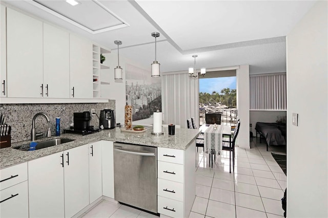 kitchen featuring kitchen peninsula, backsplash, stainless steel dishwasher, sink, and white cabinets