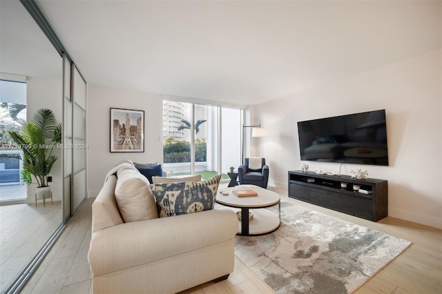 living room with light hardwood / wood-style floors and a wall of windows