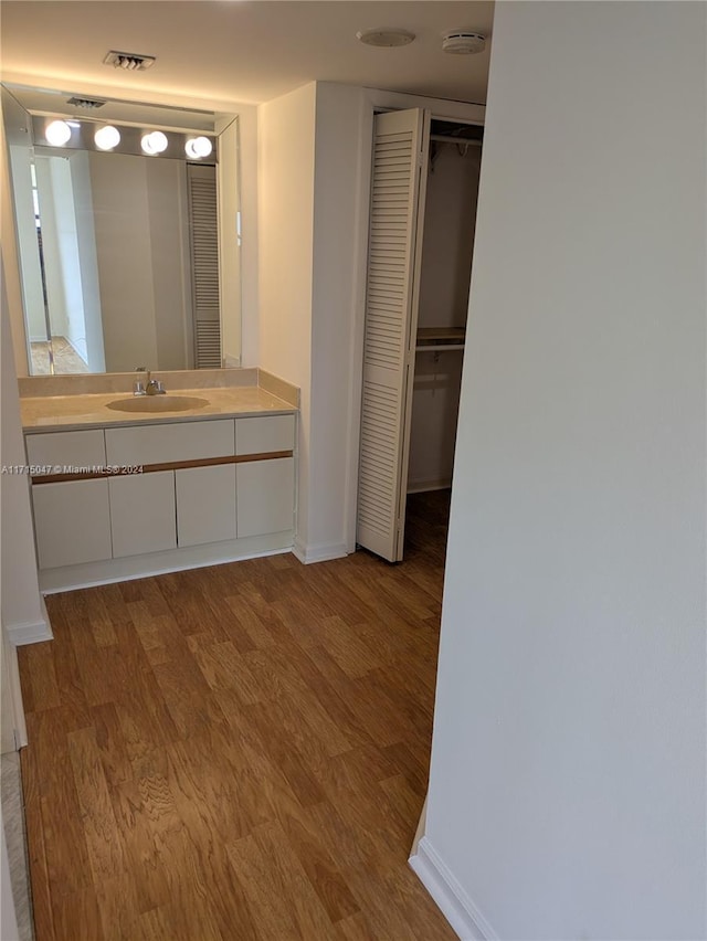 bathroom with wood-type flooring and vanity