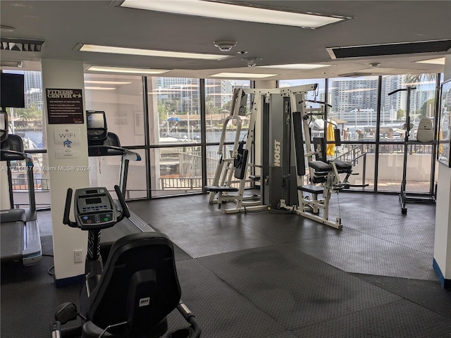 workout area with a wall of windows