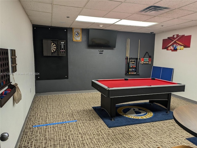 playroom featuring carpet, a drop ceiling, and billiards