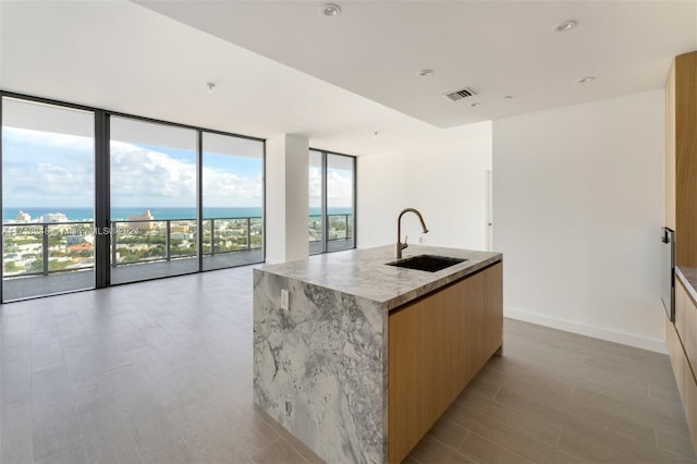 kitchen featuring light stone countertops, sink, a center island with sink, a water view, and a wall of windows