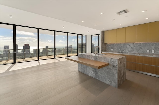 kitchen featuring light wood-type flooring, tasteful backsplash, light stone counters, and sink