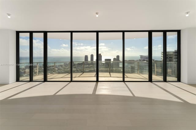 empty room featuring plenty of natural light, a water view, and light hardwood / wood-style flooring