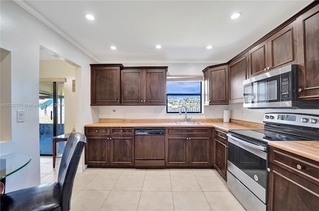 kitchen featuring wooden counters, stainless steel range with electric stovetop, crown molding, sink, and dishwasher