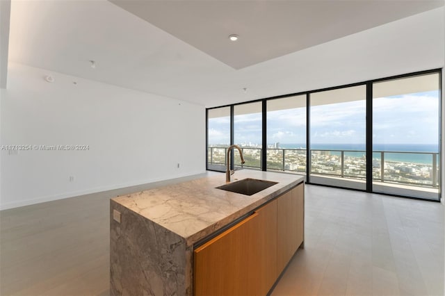 kitchen featuring expansive windows, a kitchen island with sink, sink, a water view, and light hardwood / wood-style floors