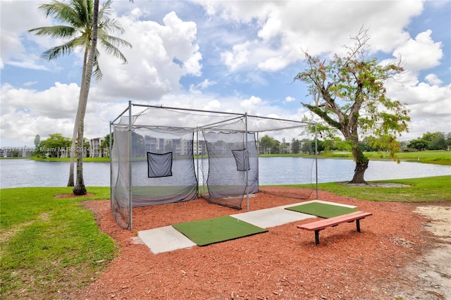 view of home's community with a lawn and a water view