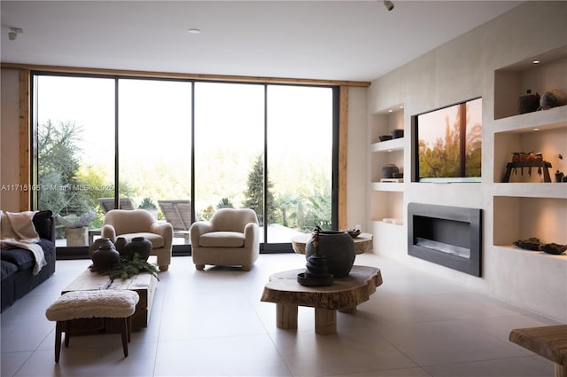 living room with a wall of windows and built in features