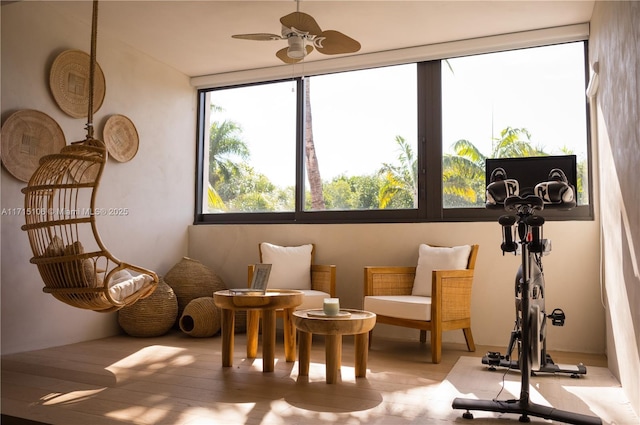 living area with ceiling fan and a wealth of natural light