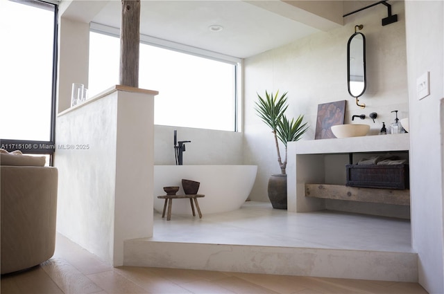 bathroom with a healthy amount of sunlight, vanity, a washtub, and floor to ceiling windows