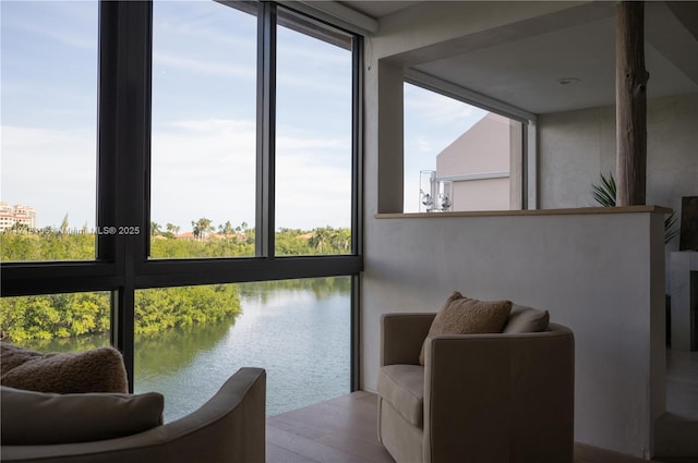 sunroom with a water view and a healthy amount of sunlight