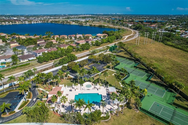 birds eye view of property featuring a water view