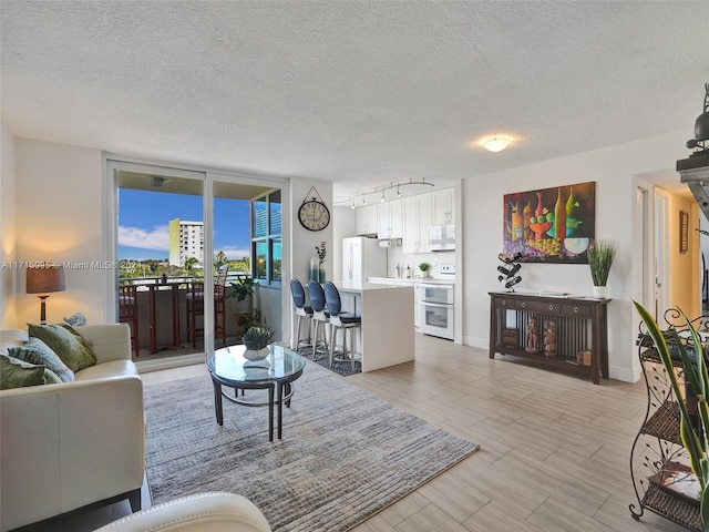 living room featuring a textured ceiling