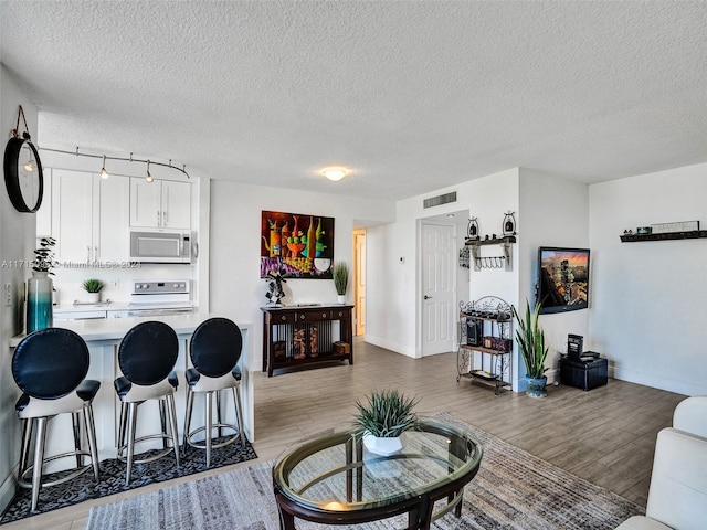 living room featuring light hardwood / wood-style floors and a textured ceiling