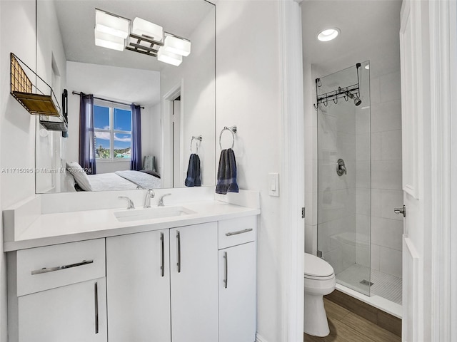 bathroom with vanity, toilet, and a shower with shower door