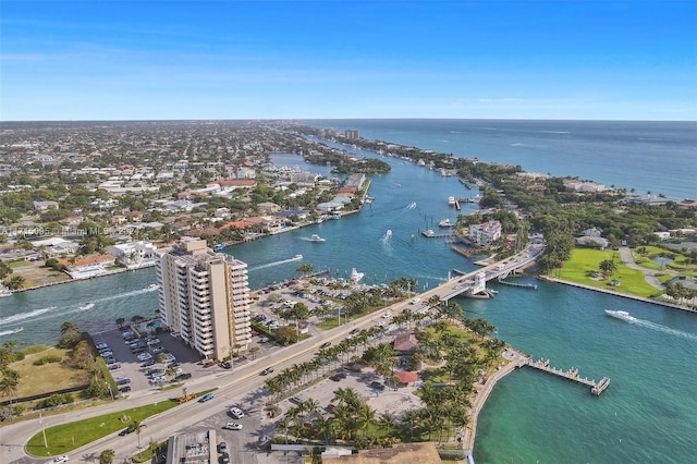 drone / aerial view featuring a water view