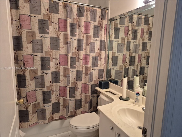 full bathroom featuring shower / bath combo, vanity, toilet, and tile patterned floors