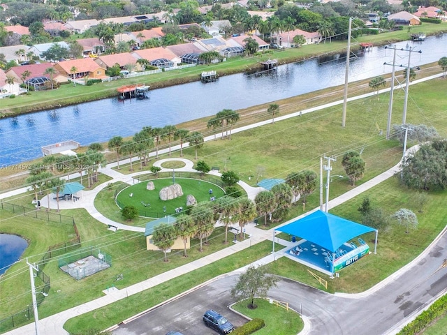 bird's eye view with a water view