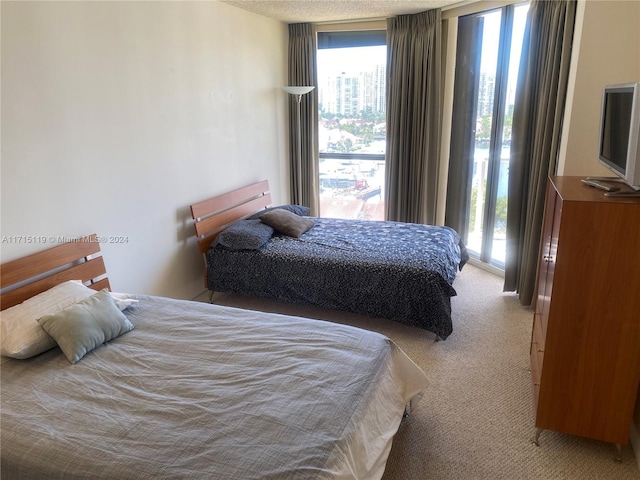 bedroom with access to outside, expansive windows, and light colored carpet