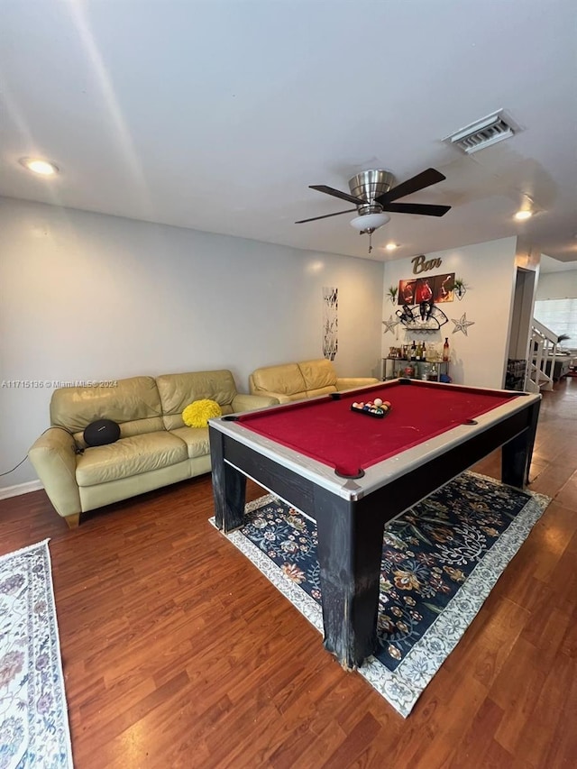 recreation room featuring ceiling fan, dark hardwood / wood-style floors, and pool table