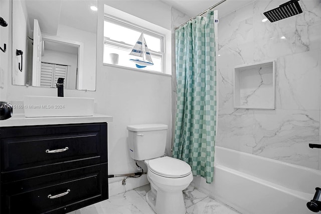 full bathroom featuring shower / tub combo with curtain, vanity, and toilet