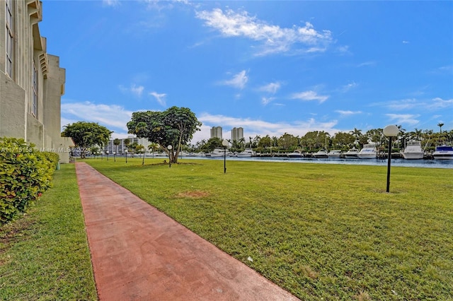 view of yard with a water view