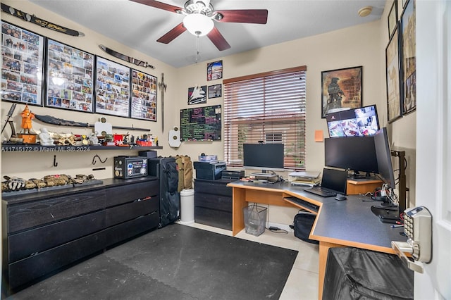 tiled office space with ceiling fan