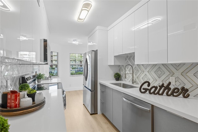 kitchen featuring white cabinets, ventilation hood, appliances with stainless steel finishes, tasteful backsplash, and light hardwood / wood-style floors