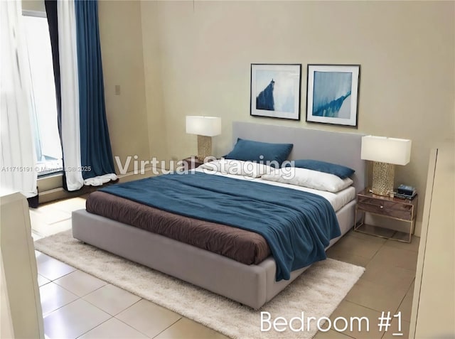 bedroom featuring light tile patterned floors