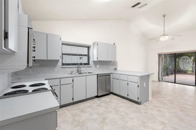 kitchen featuring dishwasher, sink, decorative backsplash, gray cabinets, and ceiling fan