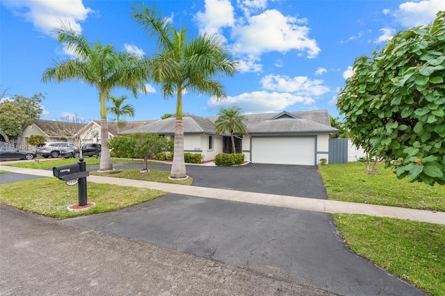 view of front of property featuring a garage and a front lawn