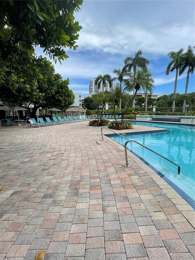 view of swimming pool with a patio area