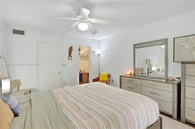 bedroom with ceiling fan, a spacious closet, and a closet