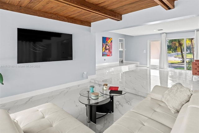 living room with beamed ceiling and wooden ceiling