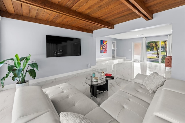 living room with beam ceiling and wooden ceiling