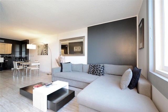 living room featuring light wood-type flooring and a textured ceiling