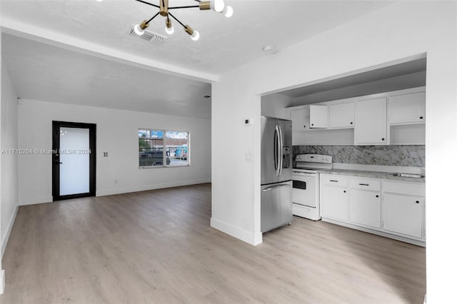 kitchen with white cabinetry, decorative backsplash, stainless steel fridge with ice dispenser, and white electric range